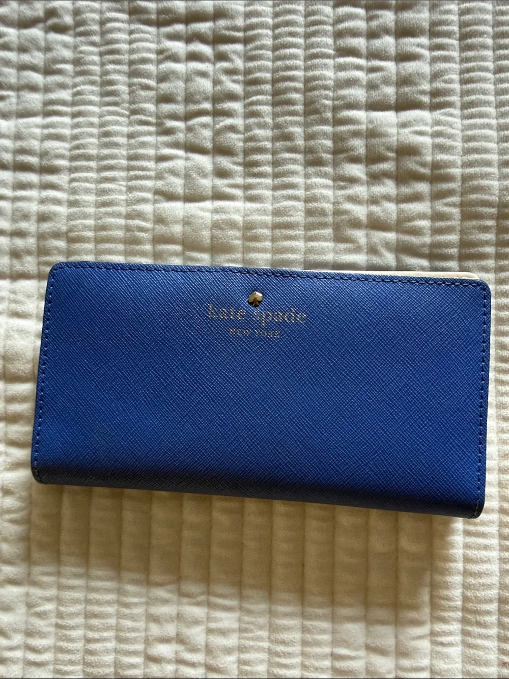 kate spade cobalt blue Saffiano leather continental wallet with gold logo